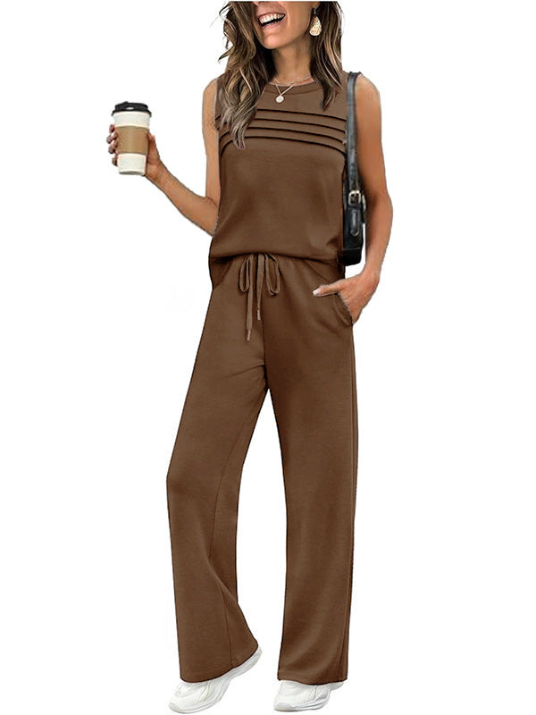 Trendy Glamorous Women's Pleated Two-piece Set Vests