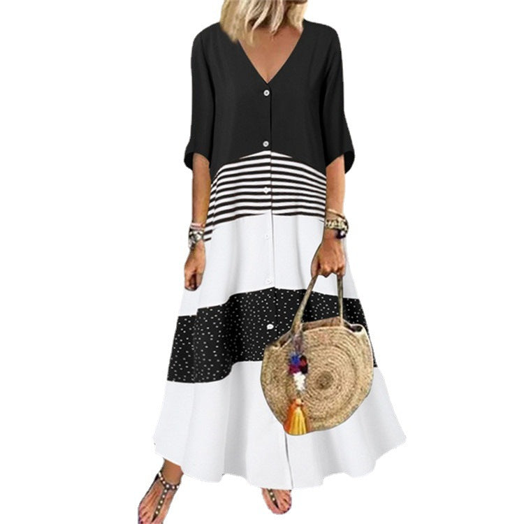 Summer Sleeve Printed Long Dress Button Dresses