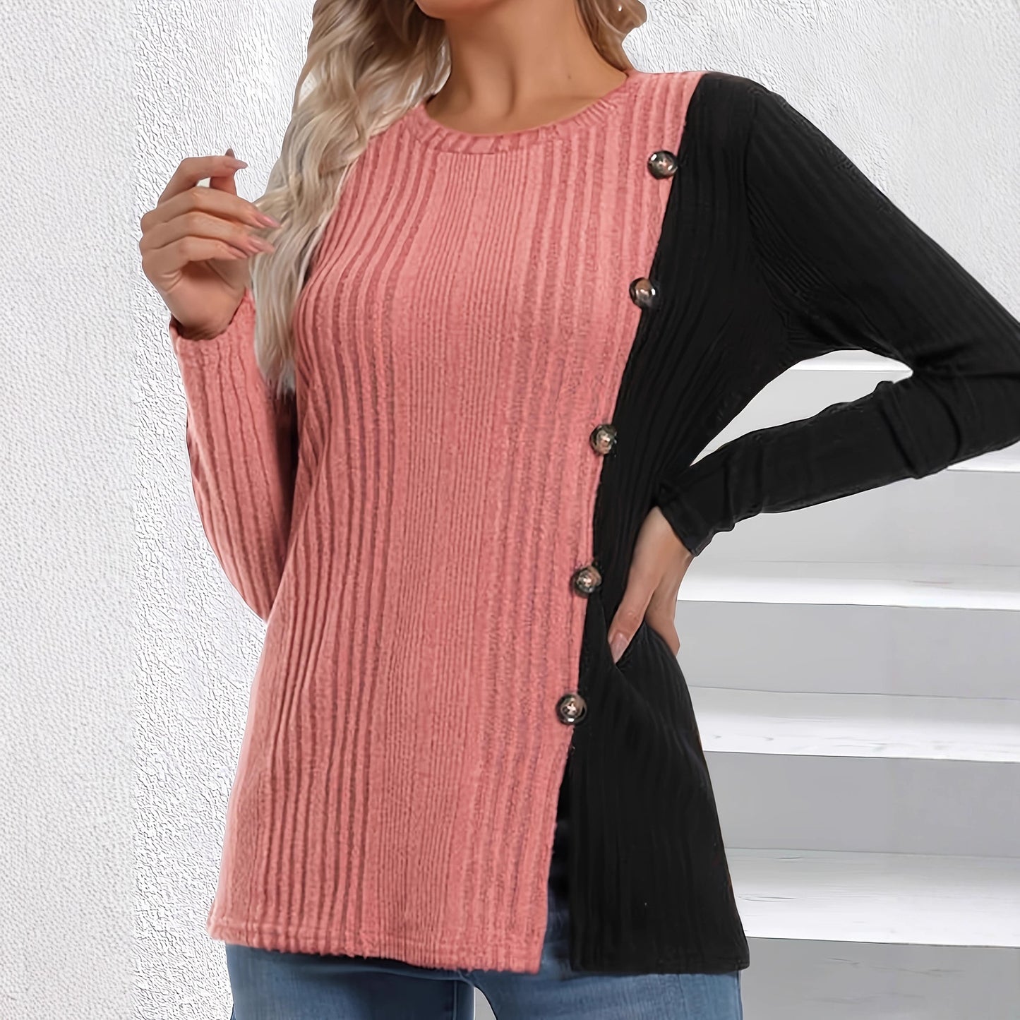 Women's Casual Sunken Stripe Button Long Sleeve Tops