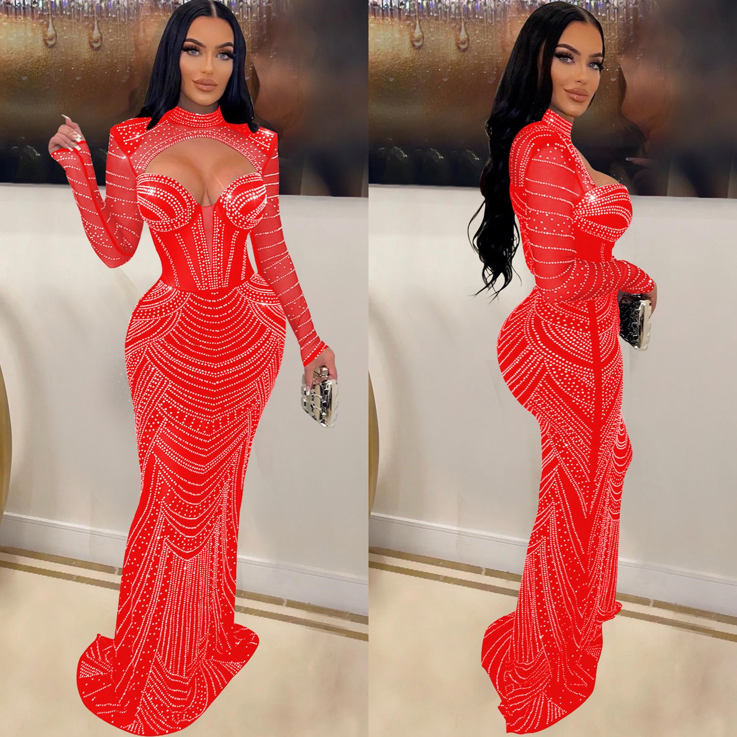 Women's Wear Solid Color Rhinestone Mesh Long Dresses