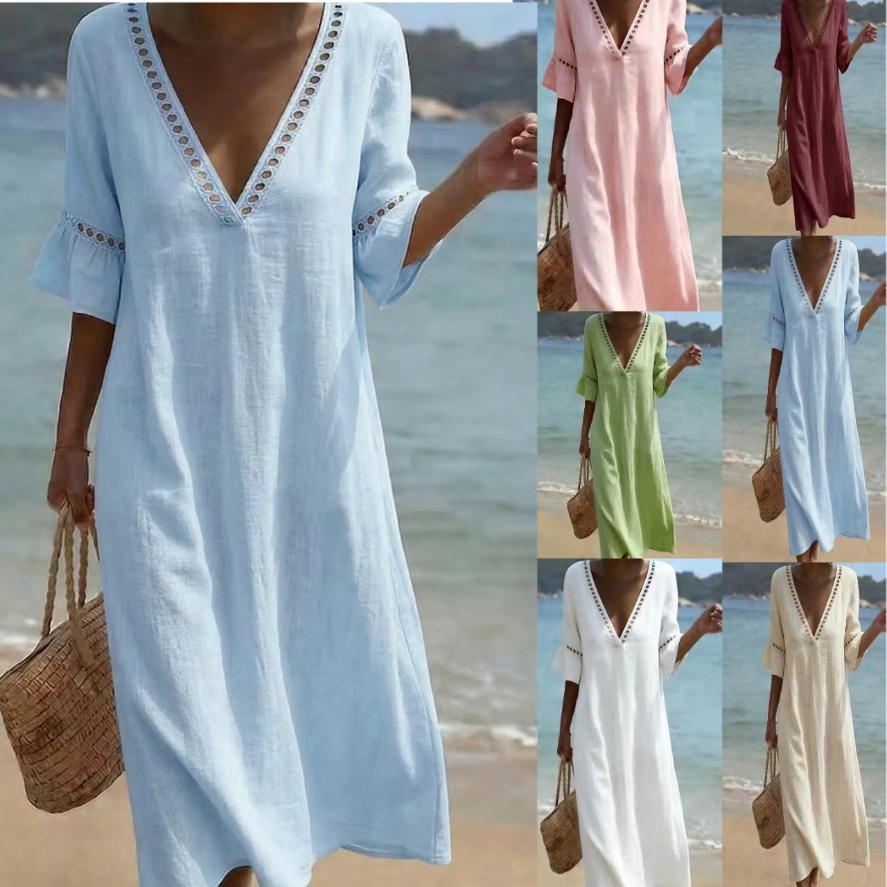 Women's Summer Solid Color Vacation Style Lace Dress