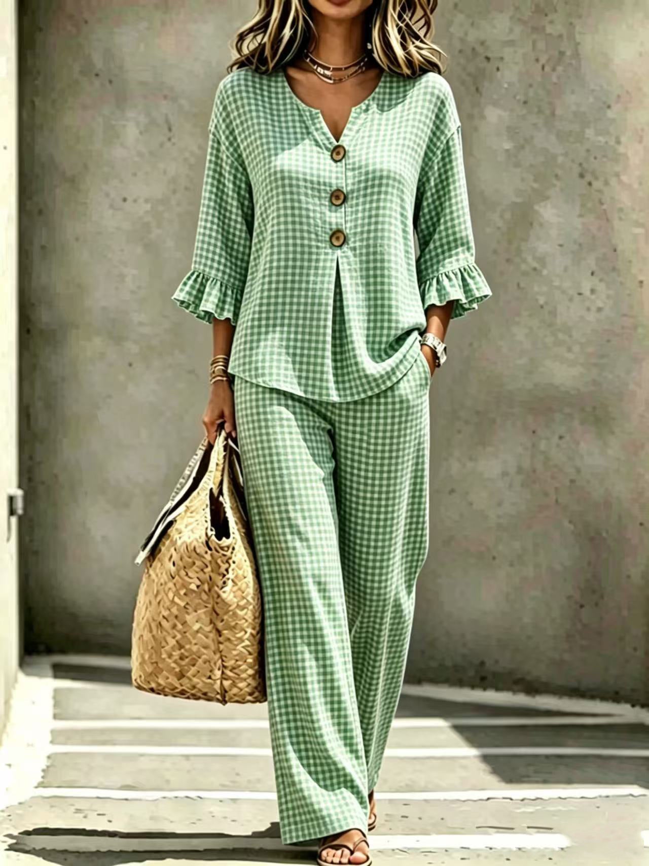 Women's Button Flounce Plaid Sleeve Trousers Tops