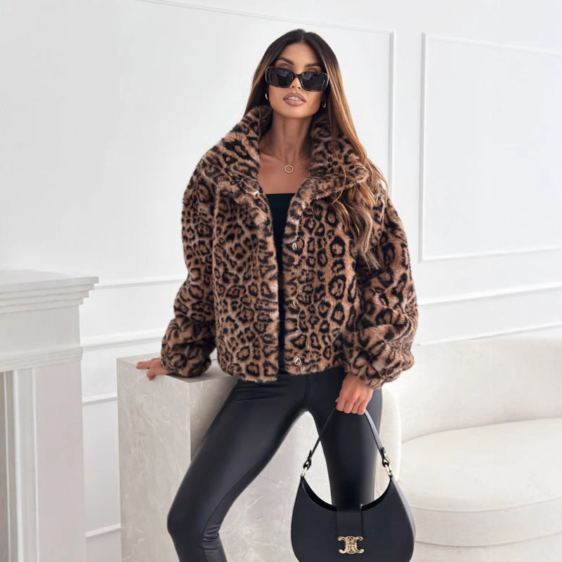 Fashion Personality Fur Leopard Print Lapel Coats