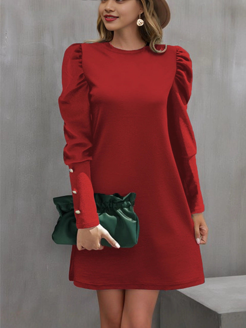 Women's Solid Color Round Neck Slim Bubble Dress