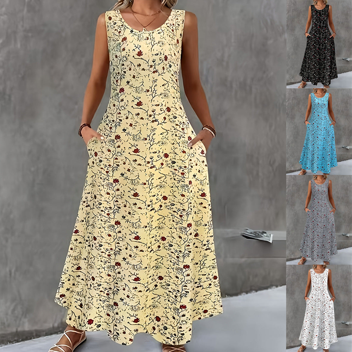 Fashionable Round Neck Sleeveless Printed Elegant Dress