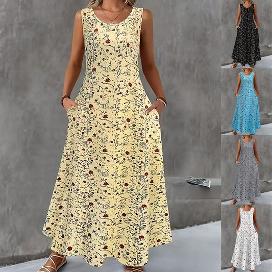 Fashionable Round Neck Sleeveless Printed Elegant Dress