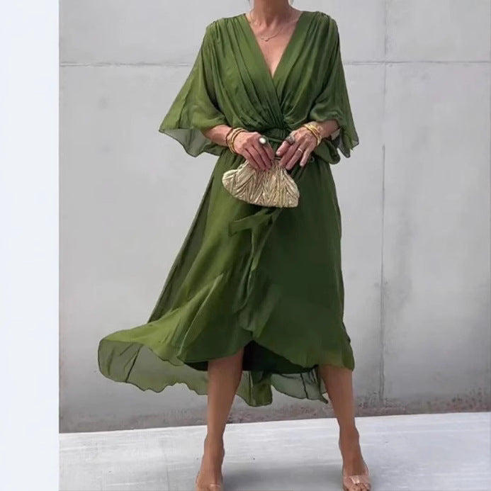 Women's Pure Color Tied Long Batwing Sleeve Dress