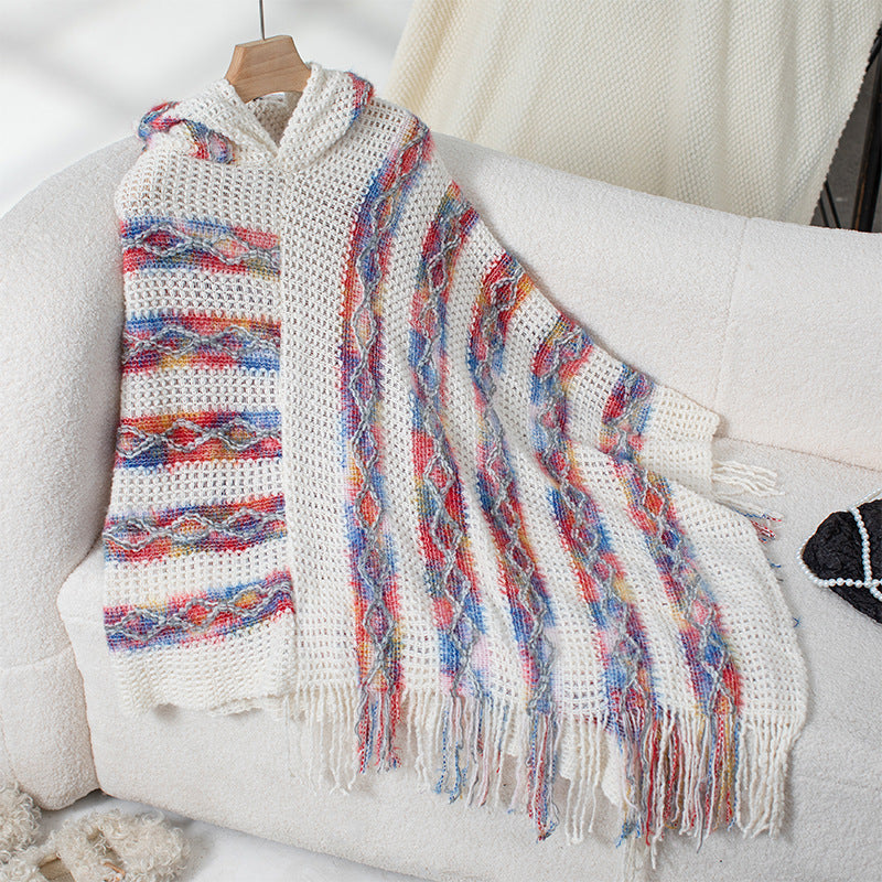 Women's Colorful Striped Hooded Knitted Tassel Cape Shawl Sweaters