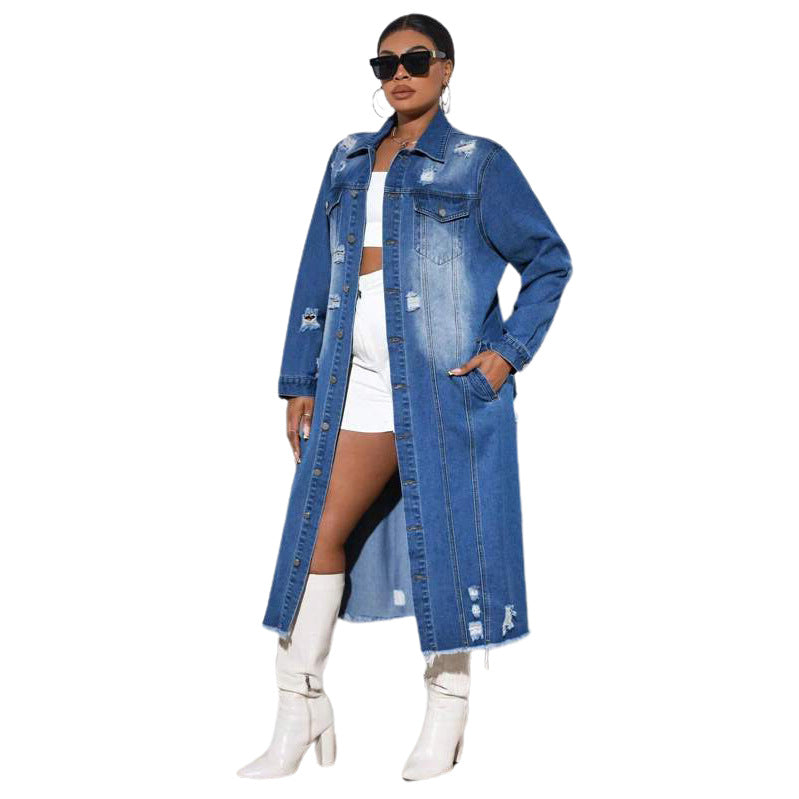 Women's Wear Ripped Long Sleeves Denim Trench Cardigans