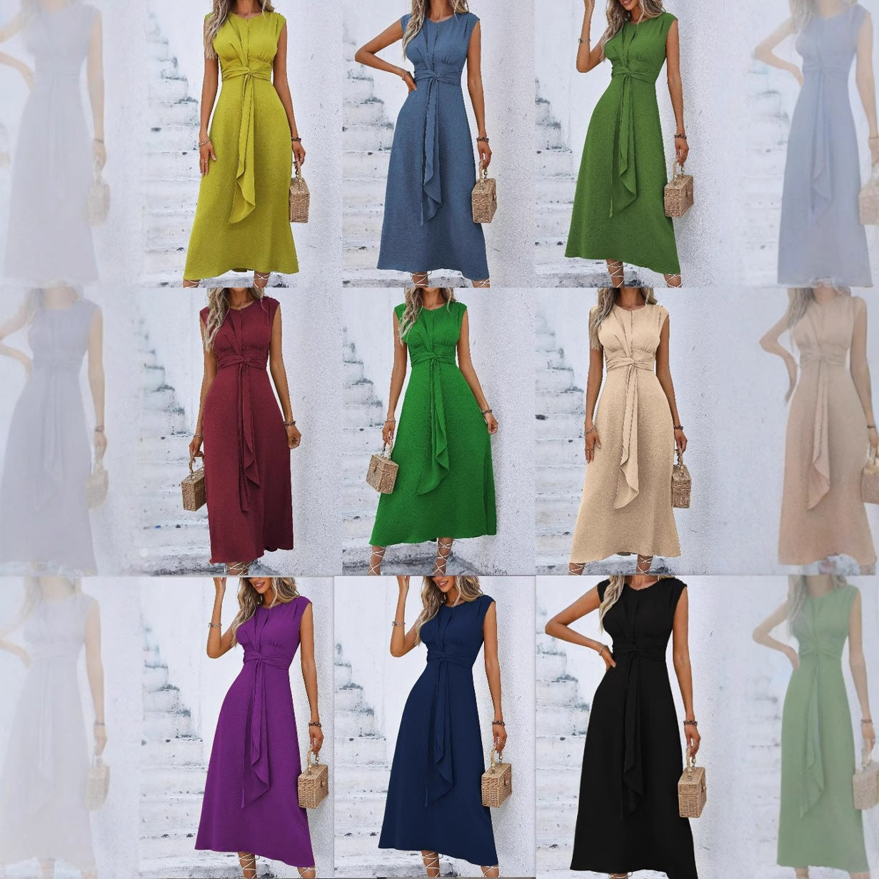 Women's Refreshing Stylish Solid Color Waist Tight Long Dress