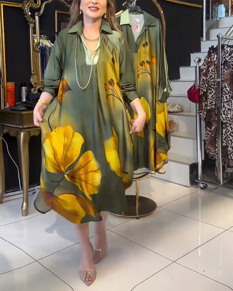 Women's Autumn Print Lapel Long Sleeve Loose Dress