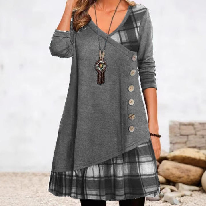 Women's Casual Patchwork Button Long Sleeve Dress