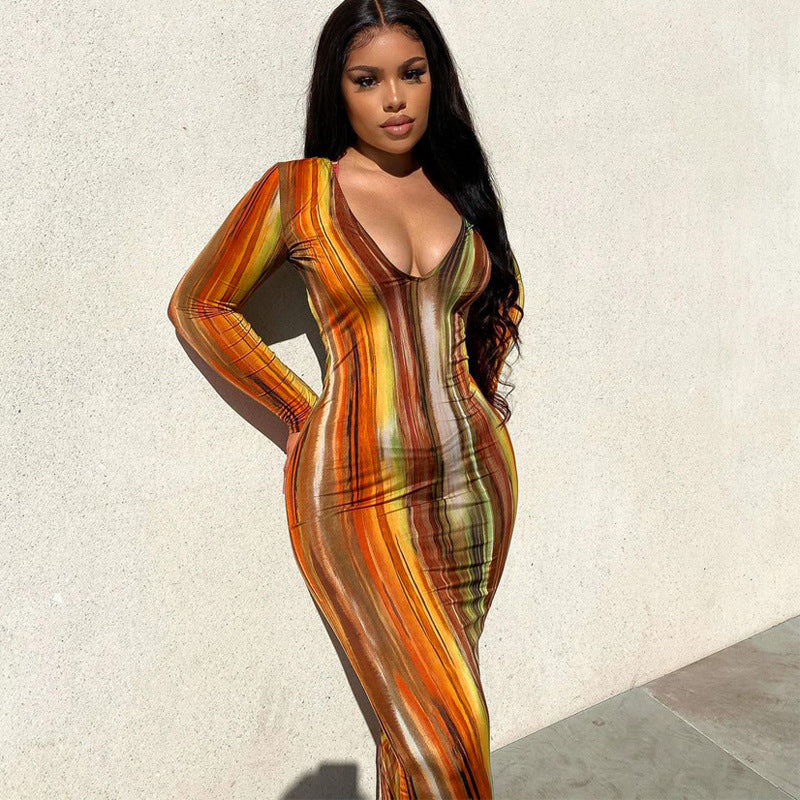 Women's Large-sized Printed Long Sleeve Close-fitting Sexy Dress