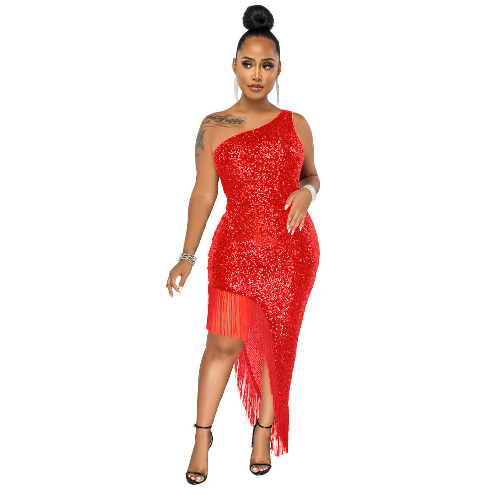 Women's Fashion One Shoulder Irregular Sequin Sequined Dress