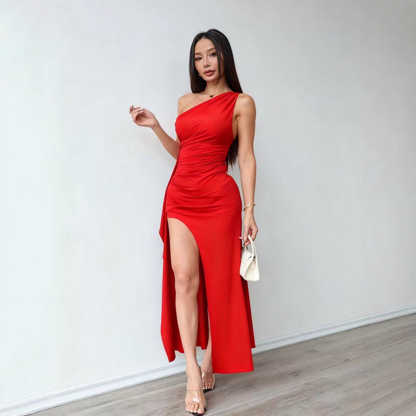 Temperament Solid Color Oblique Shoulder Elegant Prom Party Dress