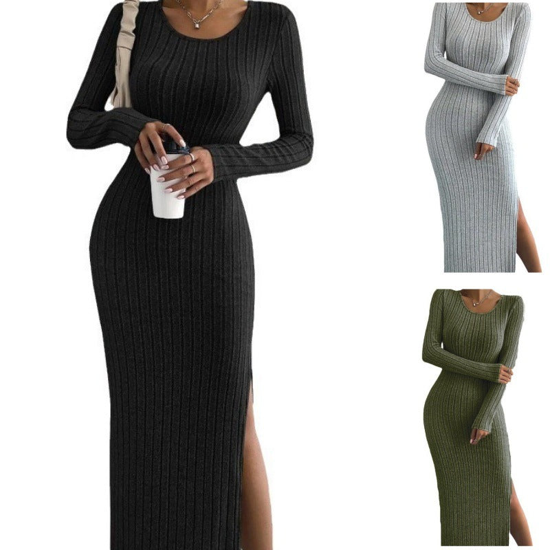 Women's Sunken Stripe Brushed Pure Color Split Dress
