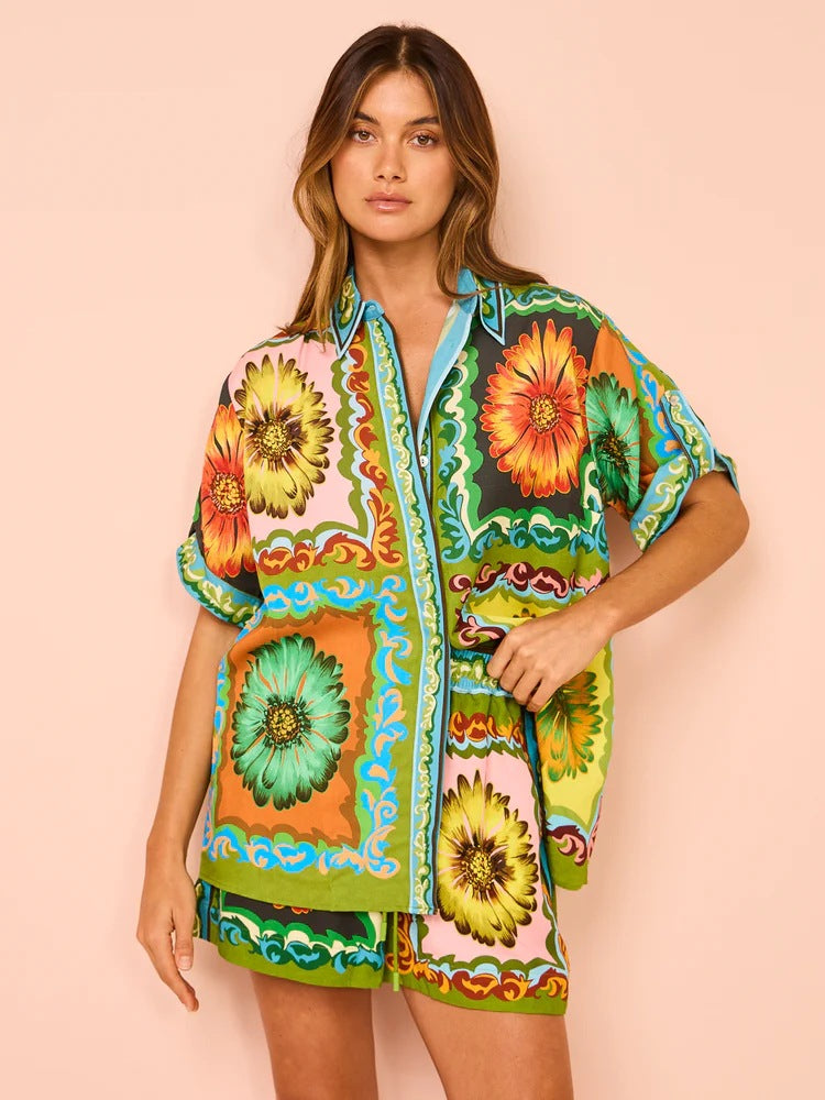 Loose Casual Fashionable Printed Daisy Linen Suits