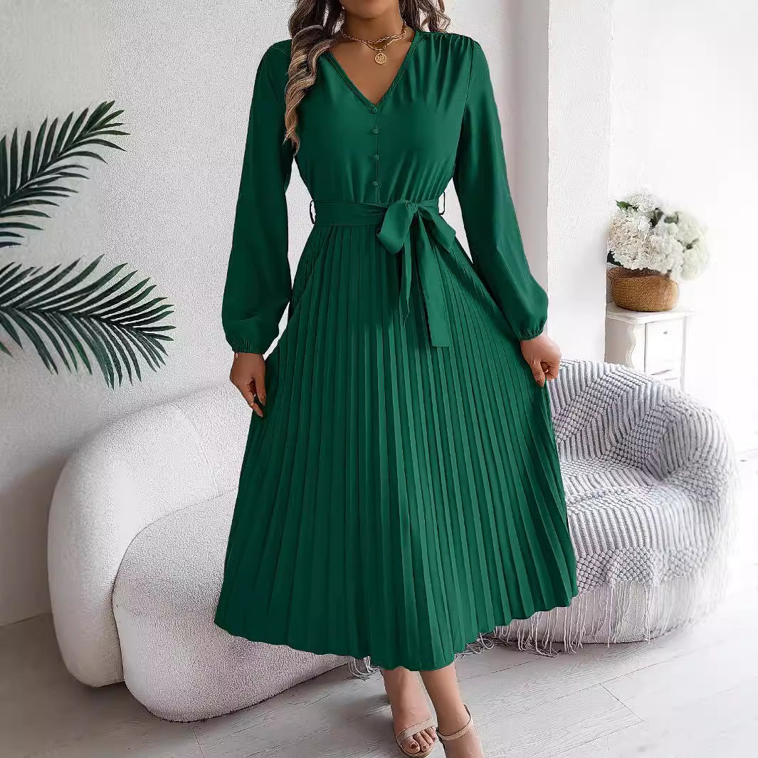 Women's Elegant Button Large Hem Pleated Maxi Clothing