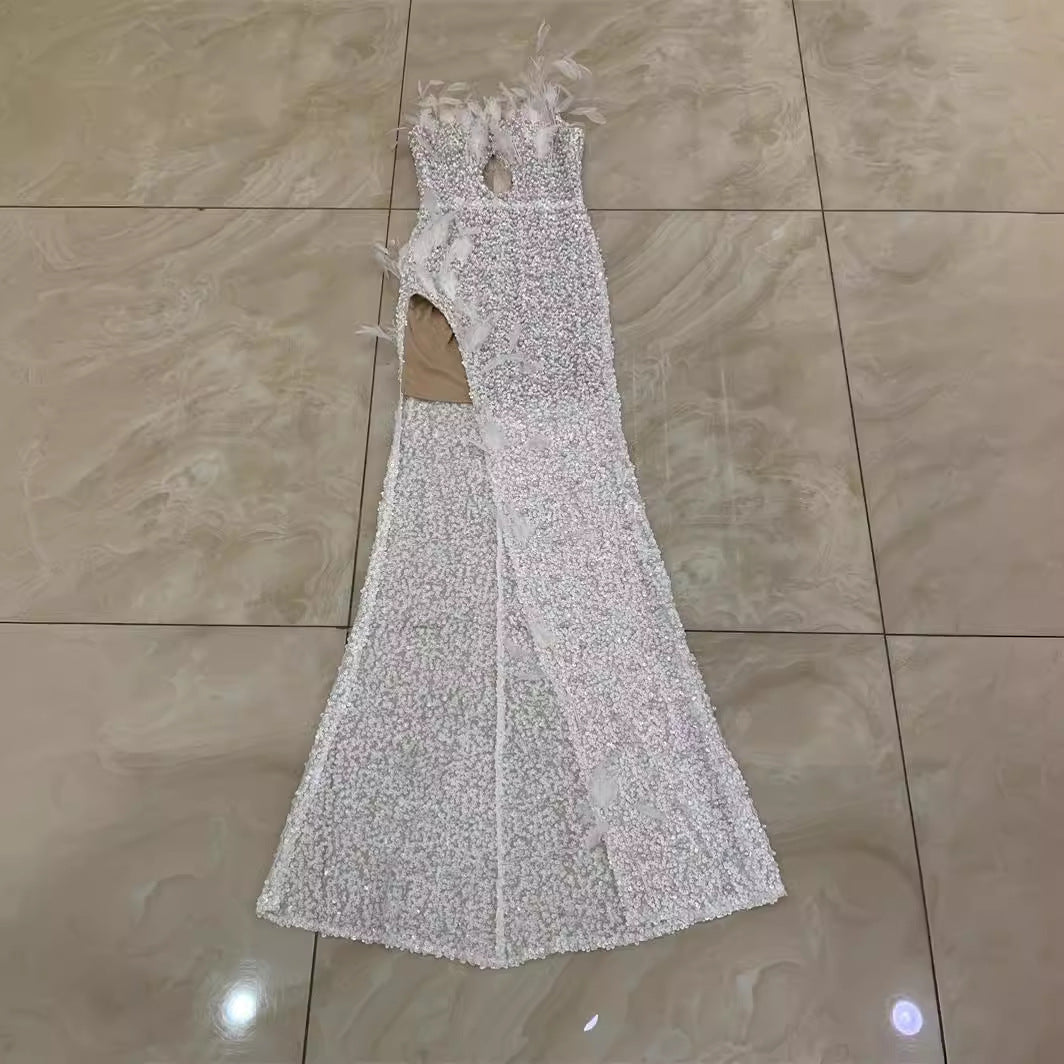 Gorgeous Feather Sequins Beaded High Slit White Tube Dresses