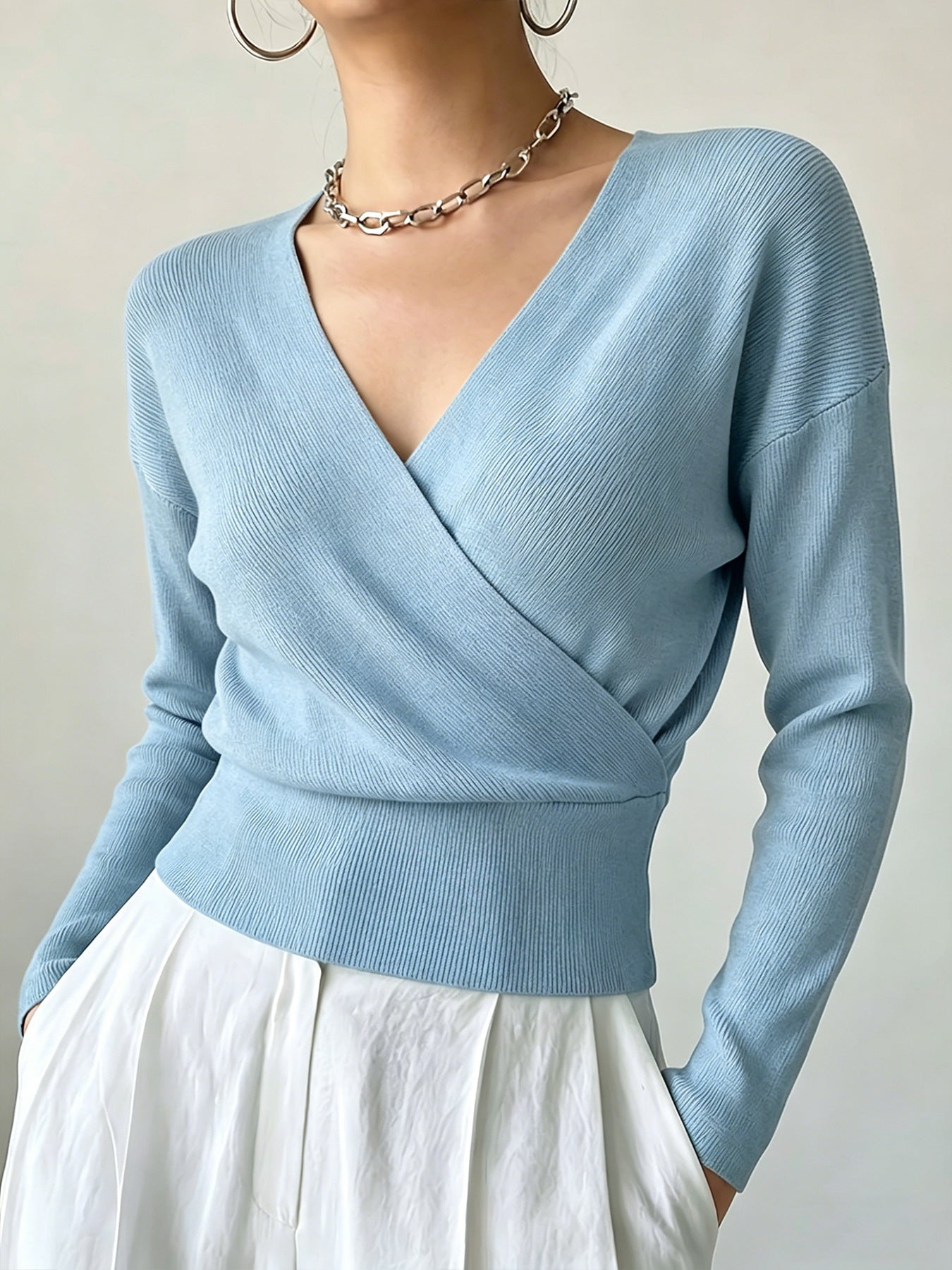 Women's Solid Color Fashion Cross Collar Tight Waist Design Show Figure Sweaters
