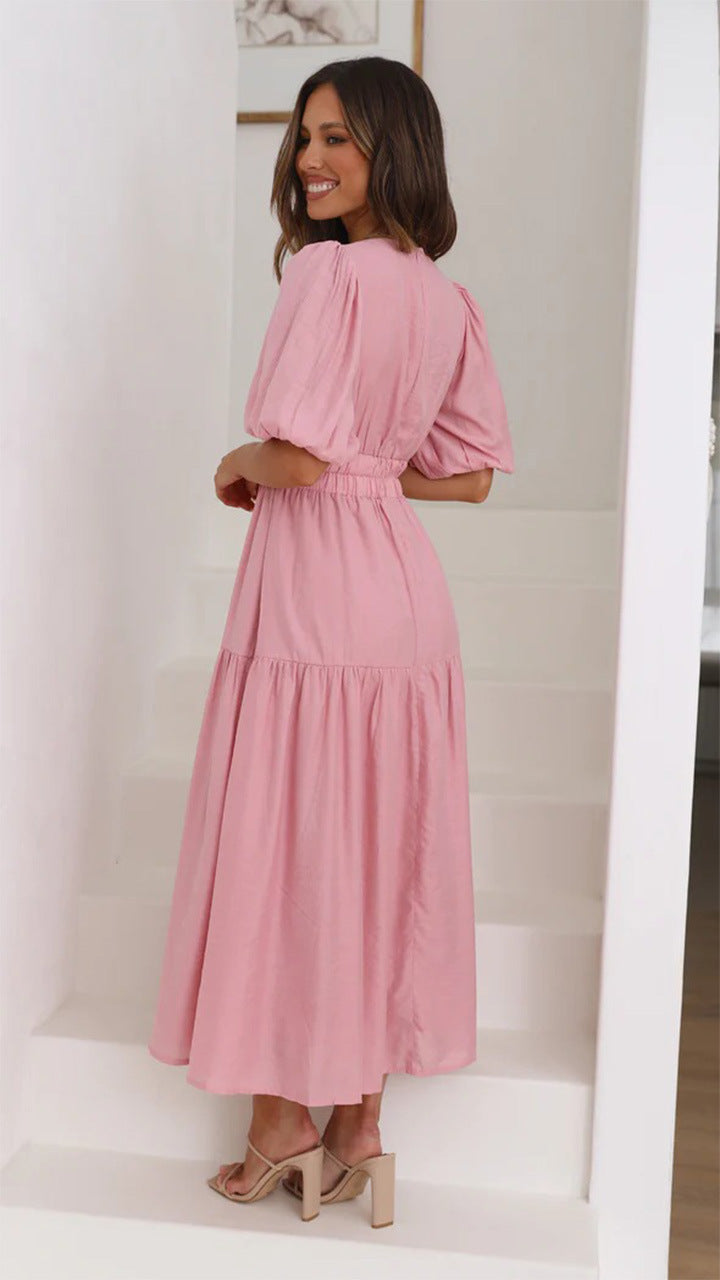 Women's Fashion Wear Summer High-grade Deep V Puff Sleeve Dress