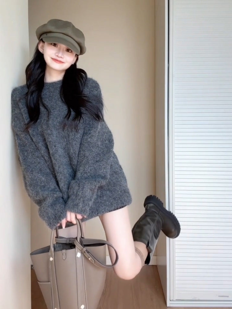 Women's Gray Loose Lazy Style Pullover For Sweaters