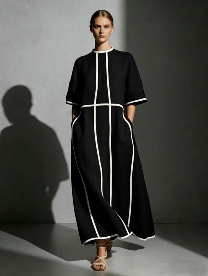 Women's Summer Round Neck Pocket Line Loose Dress