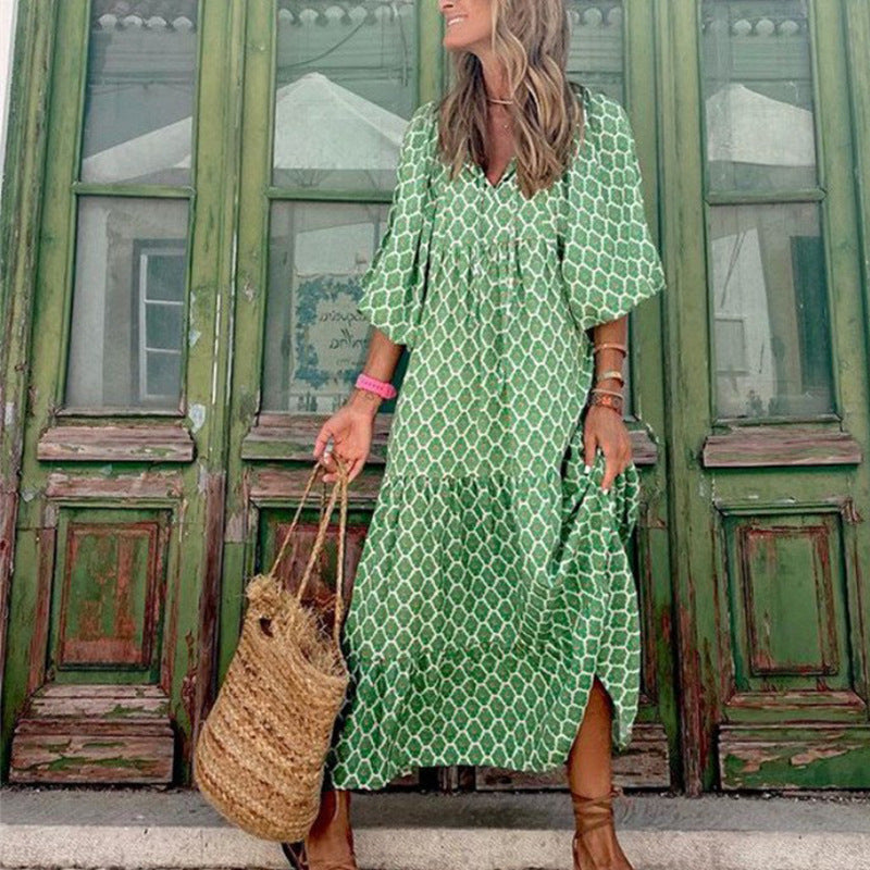 Women's Loose Bohemian Round Neck Lantern Sleeve Dress