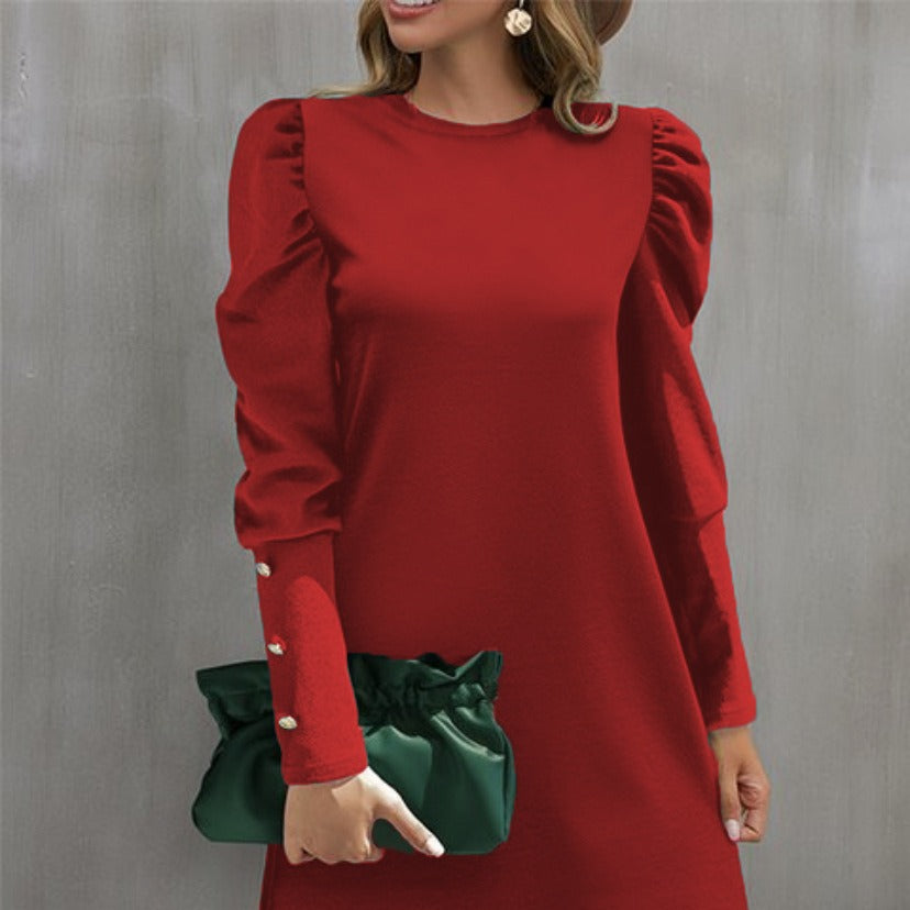 Women's Solid Color Round Neck Bubble Long Dress