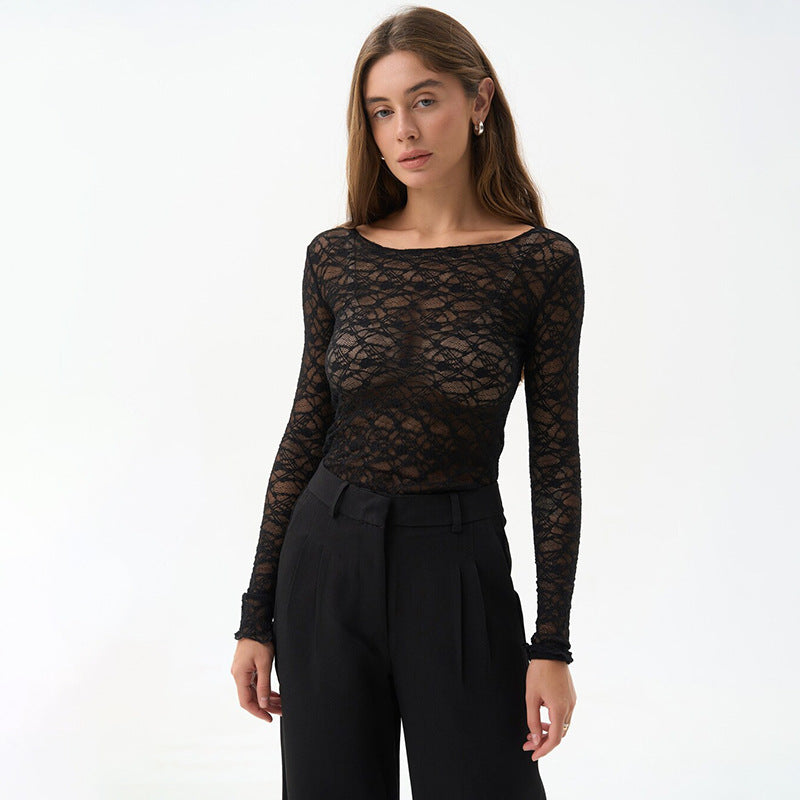 Women's Autumn Solid Color Round Neck Simple Sexy Lace Blouses
