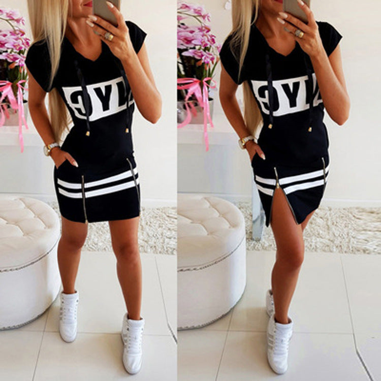 Classic Women's Fashion Short-sleeved Hooded Split Dress