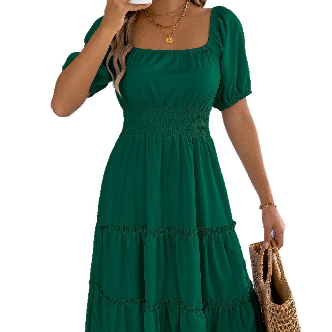 Women's Solid Color Square Collar Short-sleeved Wooden Dress