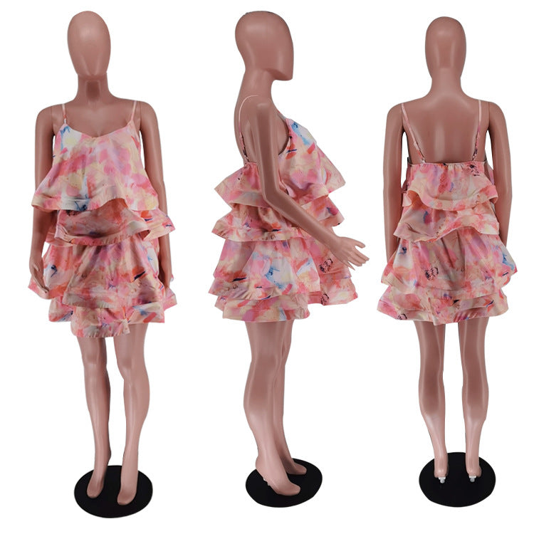 Women's Layered Printed Plastic Fishbone Suspender Dress Dresses