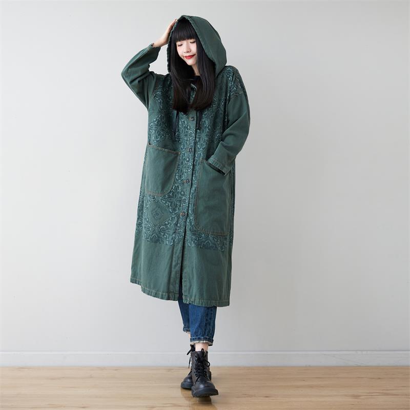Women's Hooded Diamond Flower Long Denim Single-breasted Coats