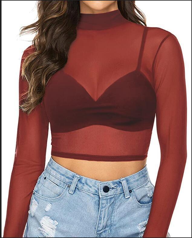 Women's Tight Sexy Mesh Bottoming Shirt Transparent Long Sleeve Blouses