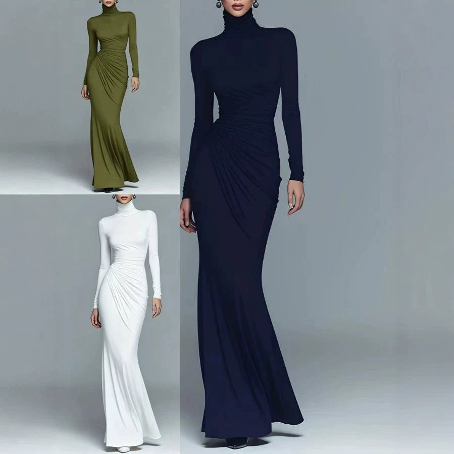 Women's Autumn Solid Color Turtleneck Long Sleeve Sexy Waist Dress