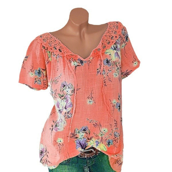 Glamorous Summer Lace Printed Short-sleeved T-shirt Tops