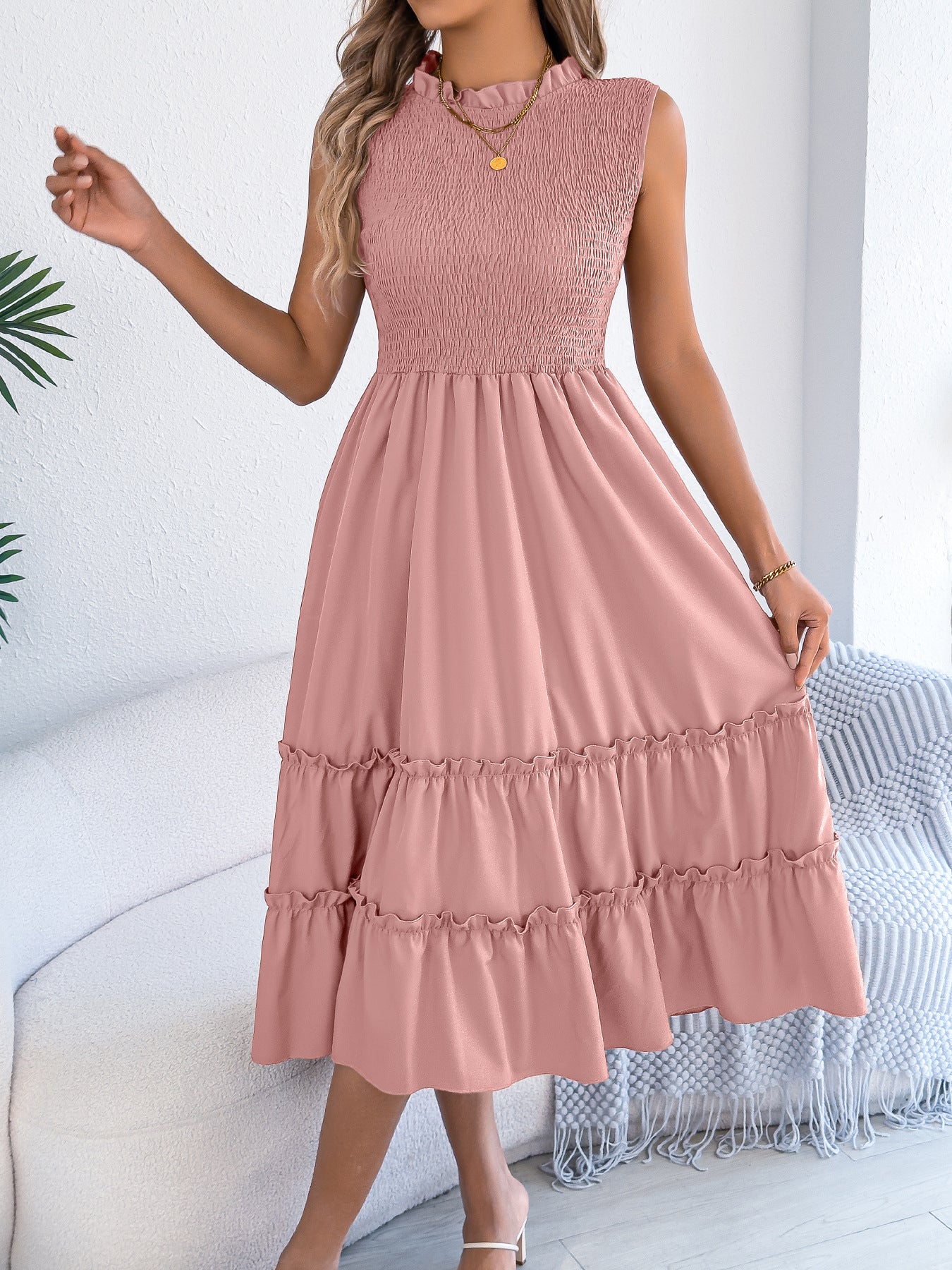 Women's Casual Sleeveless Smocking Wooden Ear Large Clothing