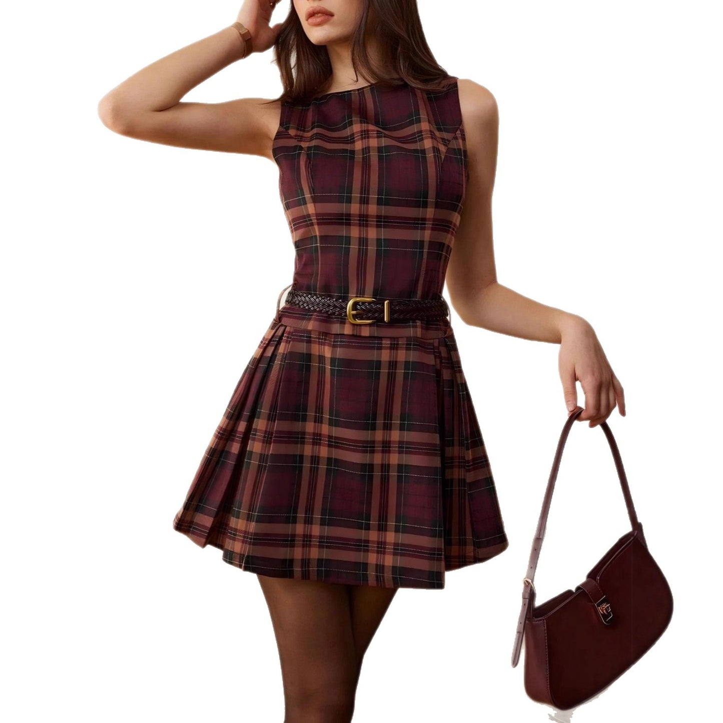 Women's Wear Elegant Red Plaid Sleeveless Round Dress
