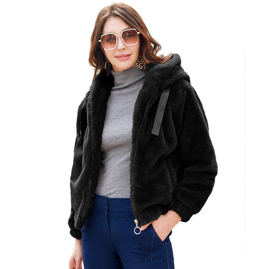 Women's Plush Hooded Long Sleeve Cotton Solid Coats