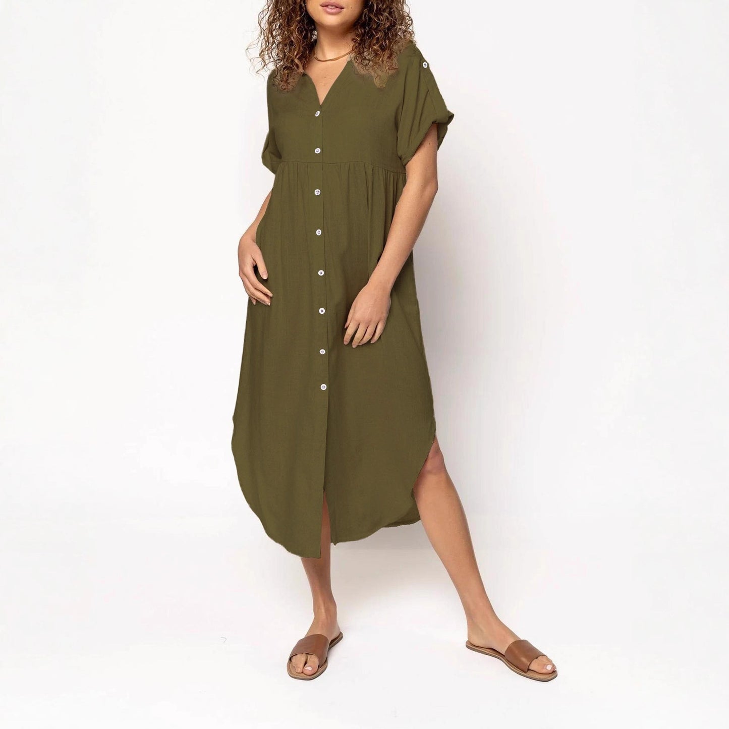 Loose Temperament Casual Solid Color Buttons Dress