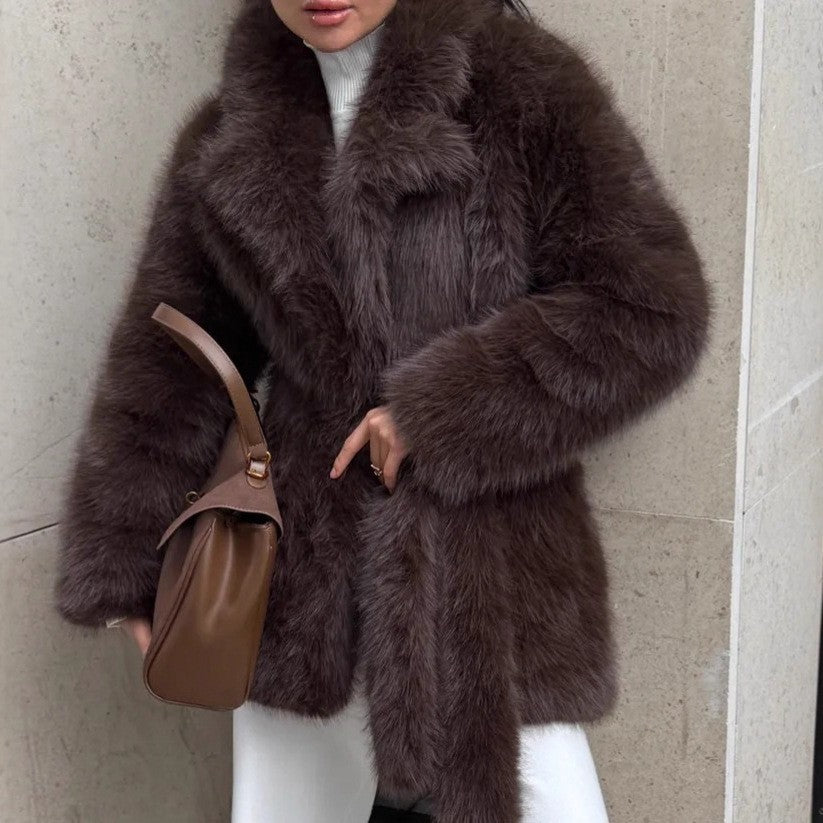 Women's Winter Thickened Faux Fur Mid-length Belt Fox Coats