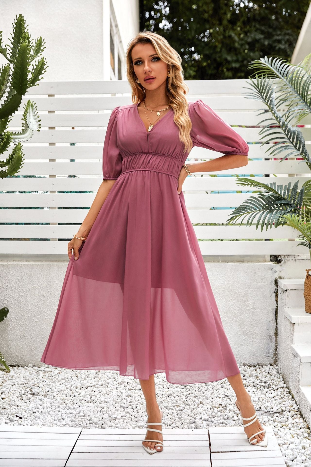 Women's Vacation Casual Solid Color Chiffon Waist Dress