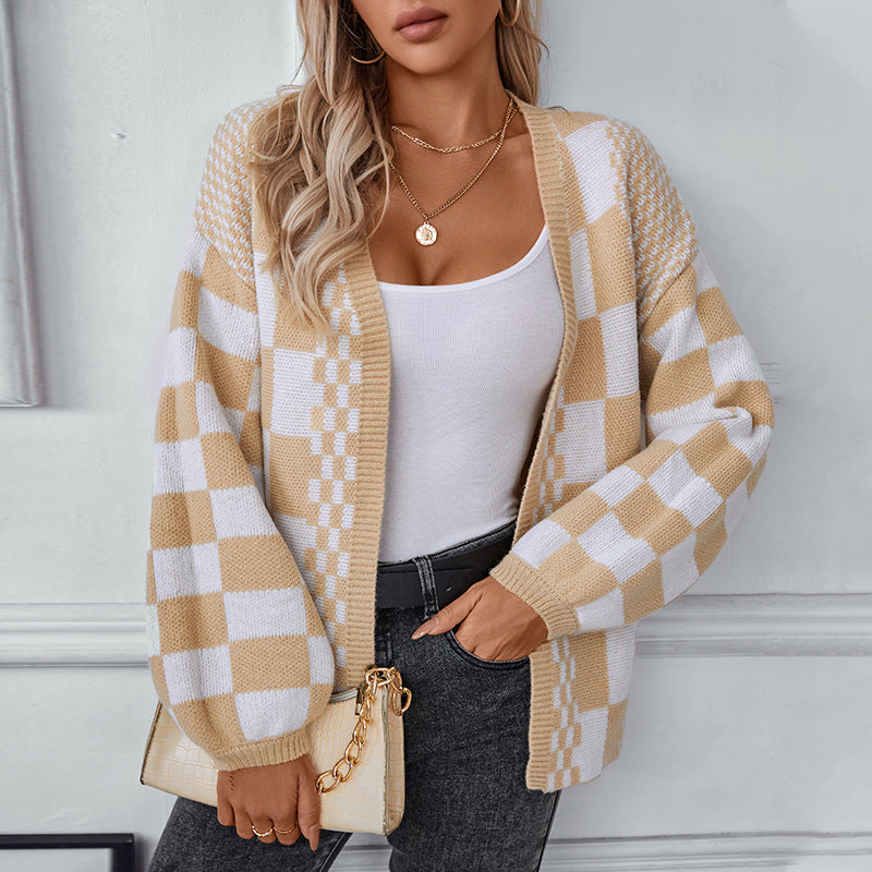 Women's Contrast Color Check Casual Loose Lantern Sleeve Sweaters