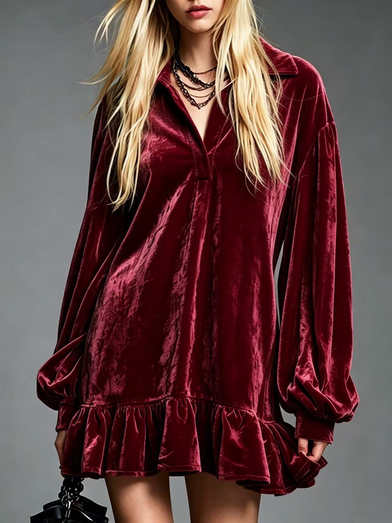 Women's Gentle Veet Lantern Sleeve Ruffled Lapel Dress