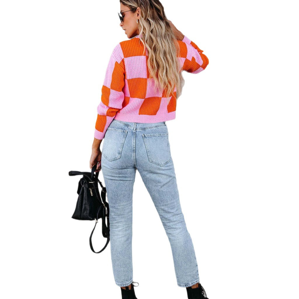 New Graceful Spring Chessboard Plaid Stitching Sweater