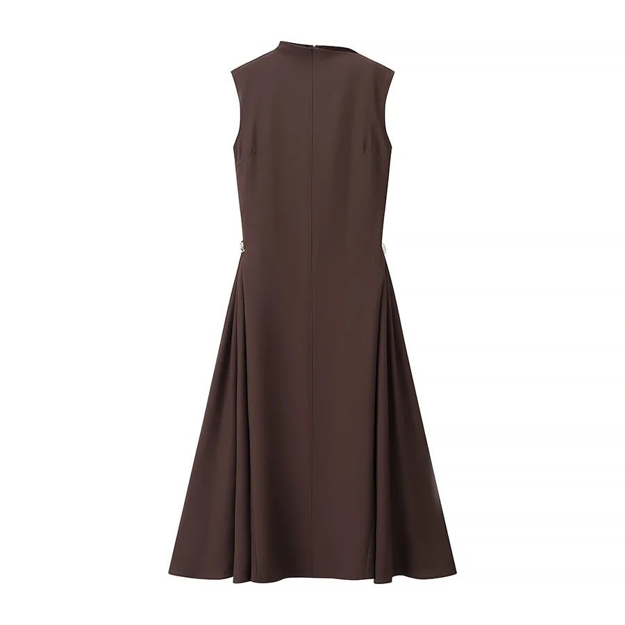 Women's High-grade Metal Button Symmetrical Pleated Sleeveless Dresses
