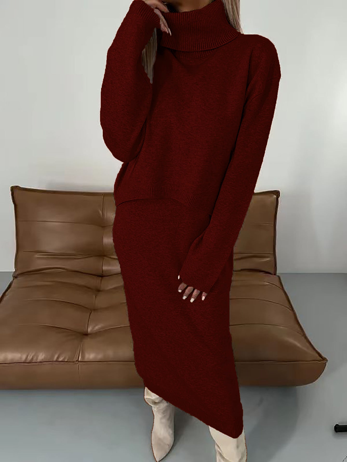 Women's Solid Color Turtleneck Knitting Hip Two-piece Fashion Casual Suit