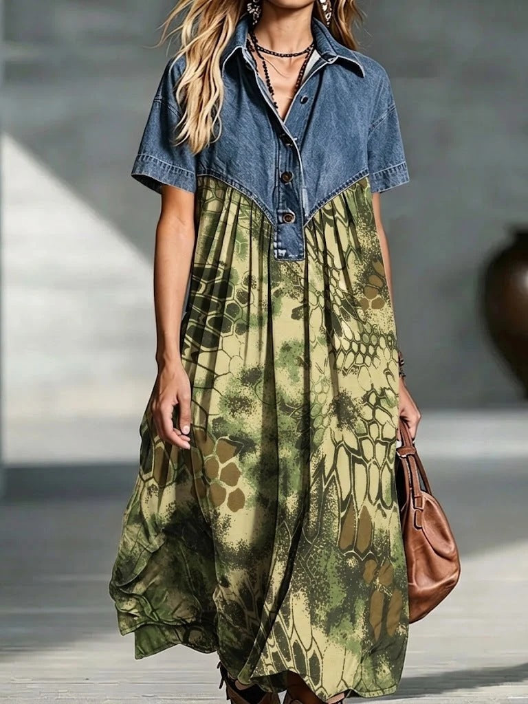 Women's Casual Fashion Denim Stitching Loose Retro Dress