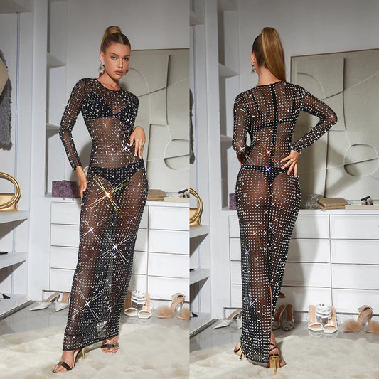 Women's Pure Color Mesh Rhinestone Long Sleeve Dresses